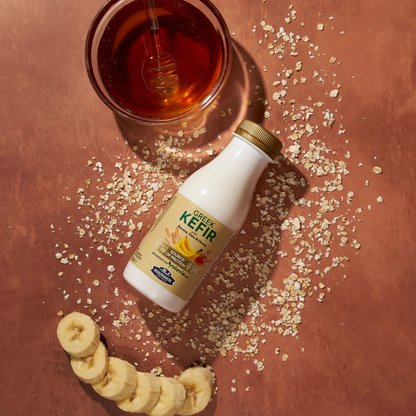 Grecki Kefir z bananami, płatkami owsianymi i miodem słodzony stewią Koukakis 330 ml