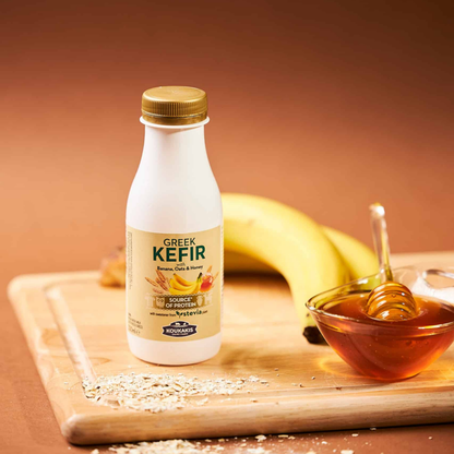 Grecki Kefir z bananami, płatkami owsianymi i miodem słodzony stewią Koukakis 330 ml